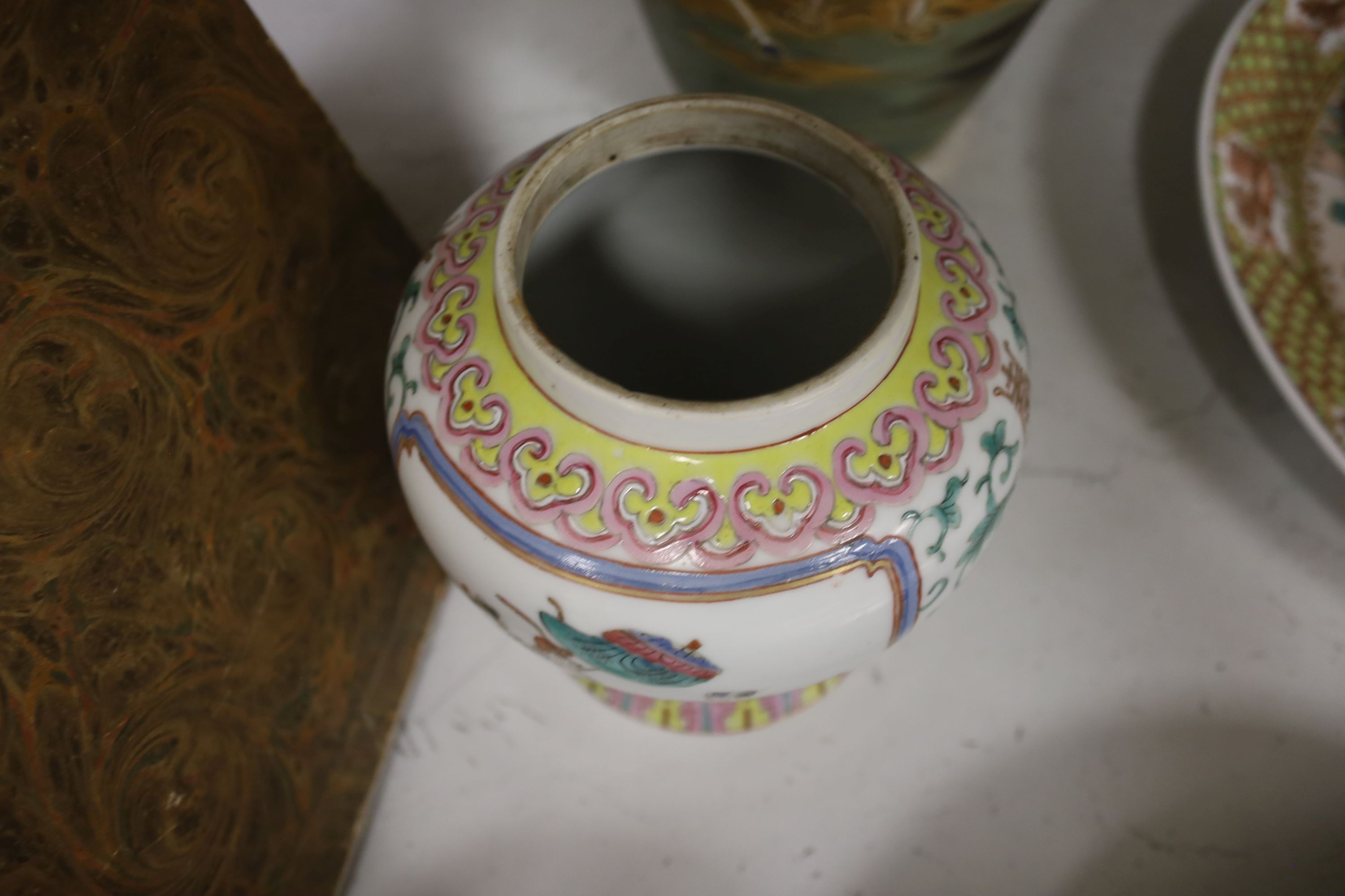 Two Chinese ‘millefleur’ dishes, a turquoise ground ‘Dragon’ dish Guangxu mark and period, a late 19th century famille rose jar etc.